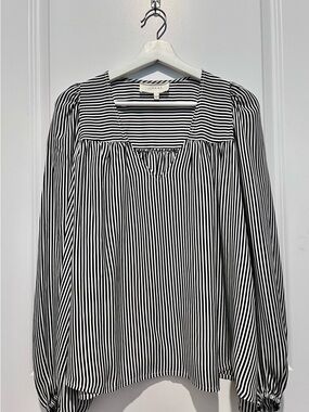 THE GREAT. Black and White Striped V-Neck Long Sleeve Top